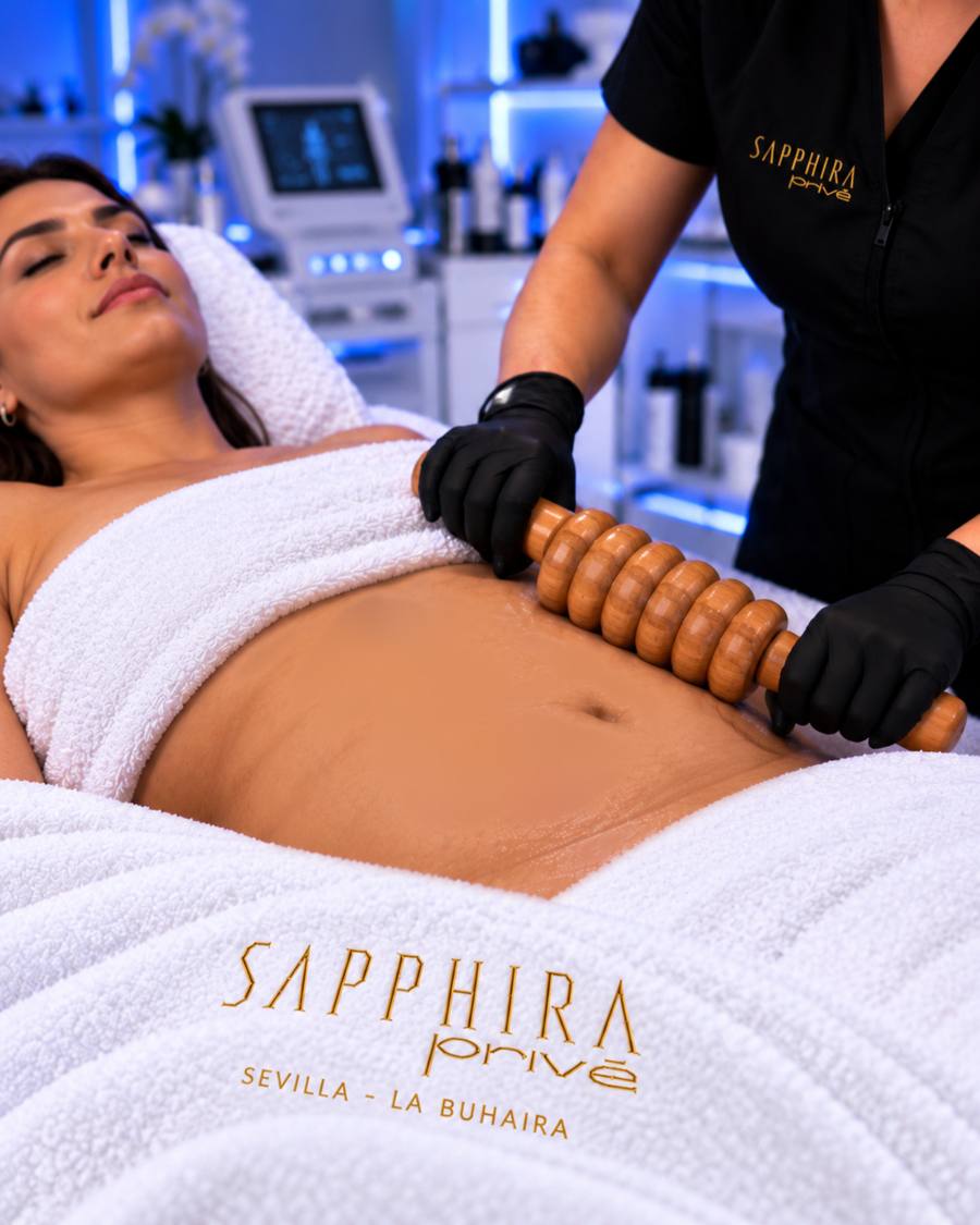 Sesión de maderoterapia con rodillo de madera en el abdomen