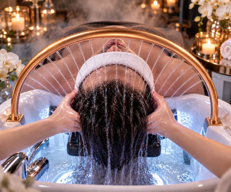 Hombre disfrutando de un ritual de Spa Capilar bajo el arco de agua