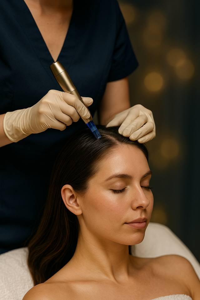 Profesional aplicando microneedling en el cuero cabelludo