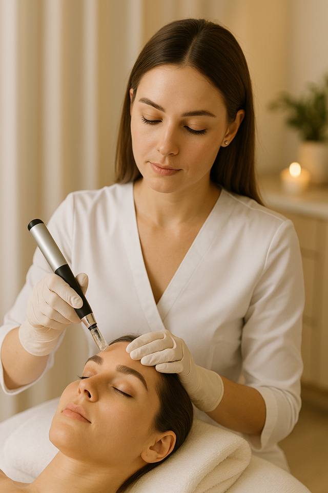 Profesional aplicando microneedling facial en cabina
